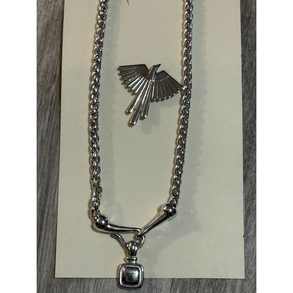 Silver Tone Wheat Chain Necklace Square Pendant and Bird Lapel Pin Jewelry Set
